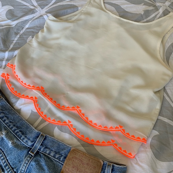 White Cropped Tank Top with Orange Detail - Picture 5 of 5